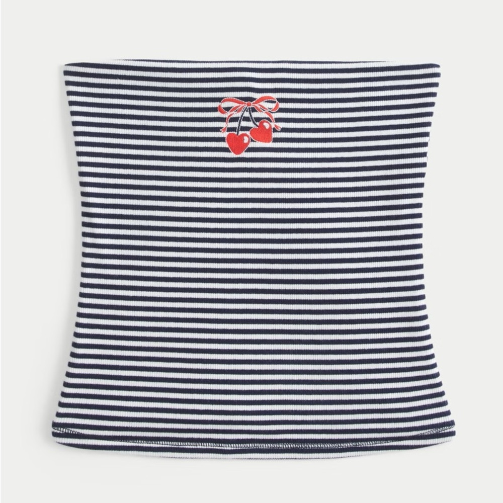 Ribbed Strapless Striped Tube Top with Cherry Embroidery